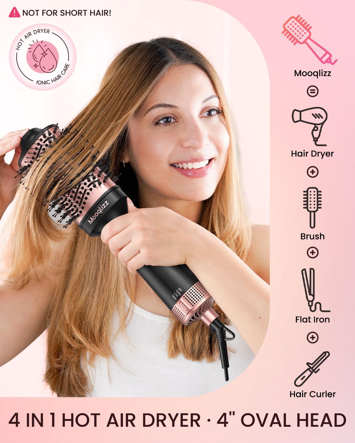 Hair Dryer Brush Blow Dryer Brush in One, Hot Air Brush Volumizer Round Brush, 4 in 1 Fast Drying Blowout Brush, Pink Black