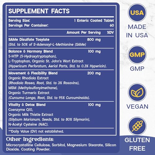 1200 MG SAM e Supplement for Brain, Mood, Joint, and Liver, High Absorption SAM-e (S-Adenosyl-L-Methionine) with CoQ10, 5-HTP, Enteric Coated 120 Tablets, Vegan