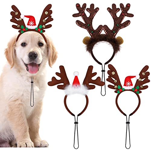 Pedgot 3 Pack Christmas Pet Headwear Xmas Hair Loop Brown Reindeer Antlers Headband Christmas Pet Costume Hair Accessory for Dogs