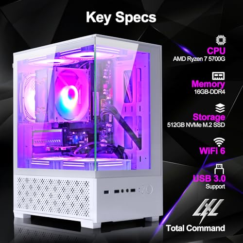 LXZ Desktop PC Computer AMD Ryzen 7-5700G 8 core 3.9GHz, 16G DDR4 RAM, 512GB NVME SSD, Tower Computer with Power Supply 400W for Home and Office (White)