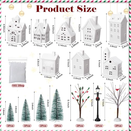 Tioncy 26 Pcs Ceramic Christmas Village Houses with Christmas Tree Berry Tree Bird Xmas Street Lamp DIY Xmas Village Houses Figurine for Tabletop Mantle Decor