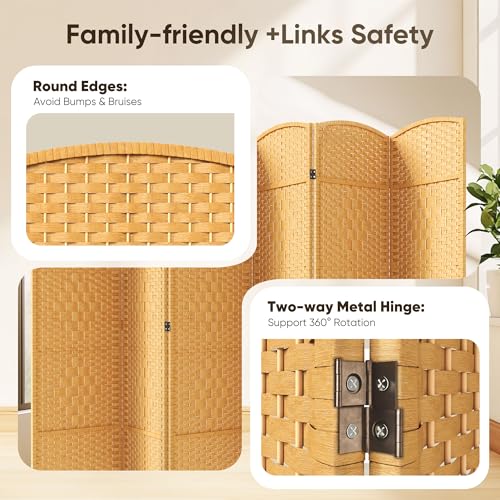 JOSTYLE Folding Privacy Room Divider, 4 Panel Screen Divider 6 ft. Tall Freestanding Extra Wide Rattan Room Partition Wall Separation Dividers, Grey