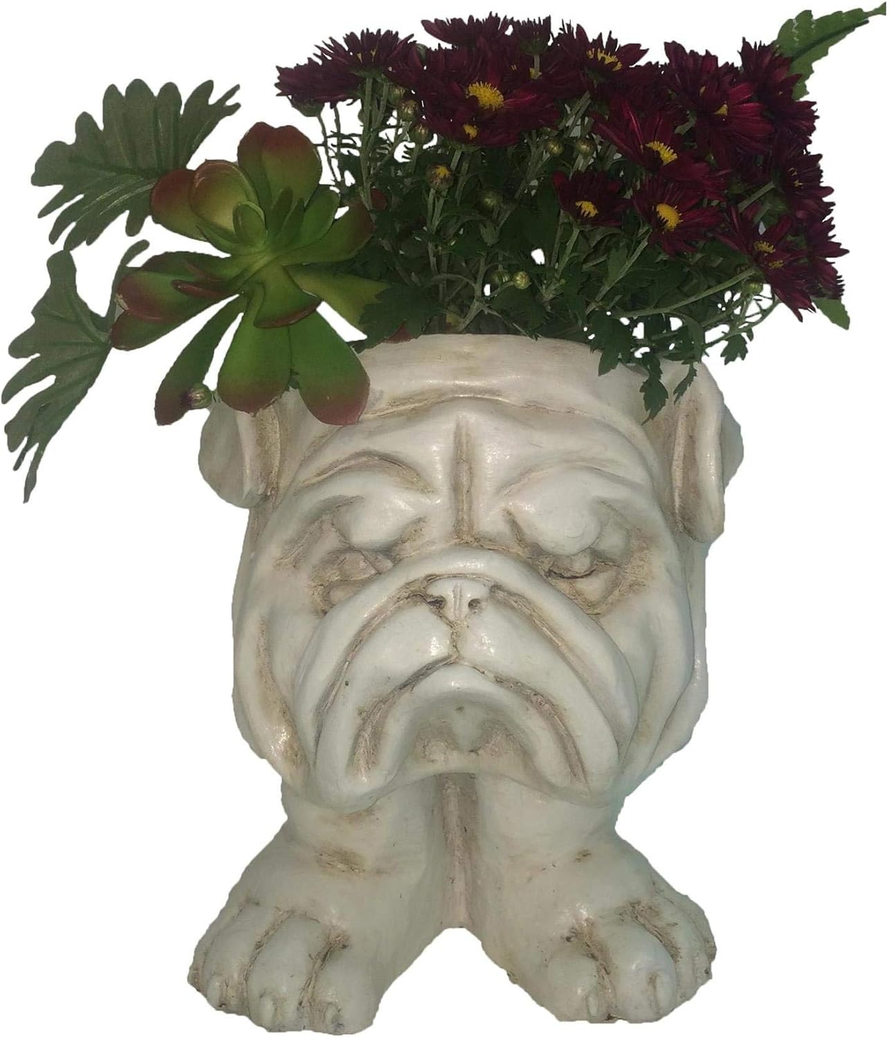BOVTE FVLFIL Homestyles 12 in. Antique White Bulldog Muggly Mascot Dog Animal Statue Planter Holds 5 in. Pot