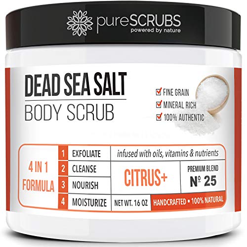 pureSCRUBS Premium Eucalyptus Body Scrub Set - Large 16oz Dead Sea Salt Body Scrub With Infused Essential Oils & Nutrients, Includes Wooden Spoon, Loofah & Oatmeal Exfoliating Bar Soap