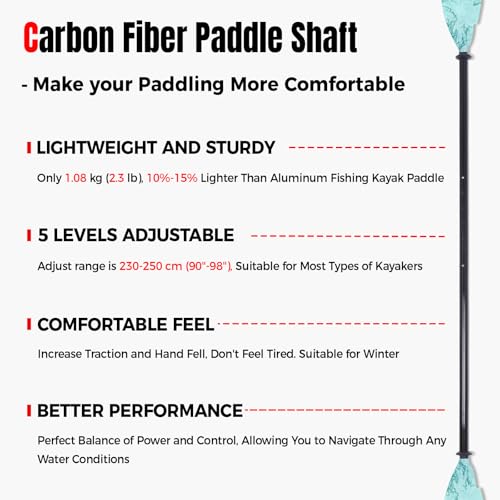 Angler Kayak Paddles Carbon Fiber Shaft and Plastic Blade, Floating Adjustable Fihsing Kayak Oars with Paddle Leash, 230-250cm/90-98 inch