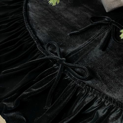 60-Inch Ruffled Velvet Christmas Tree Skirt with Foam Padding, Nylon Backing and Lace-Up Tie Closure, Burgundy