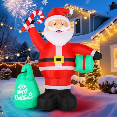 Christmas Decorations Inflatables, 4.2FT Inflatable Santa Claus with Candy Cane and Gift Bag, Built-in LED Light and Blow Up Xmas Holiday Decor for Garden Lawn Yard Bistro Outdoor and Indoor