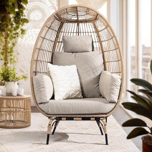 Bme Heavy Duty 500 Lbs Capacity Wicker Egg Chair for Outside & Indoor, UV 2000 Hours Material with Flame Retardant Tested Cushion, Durable Against Water, Weather, Black Base