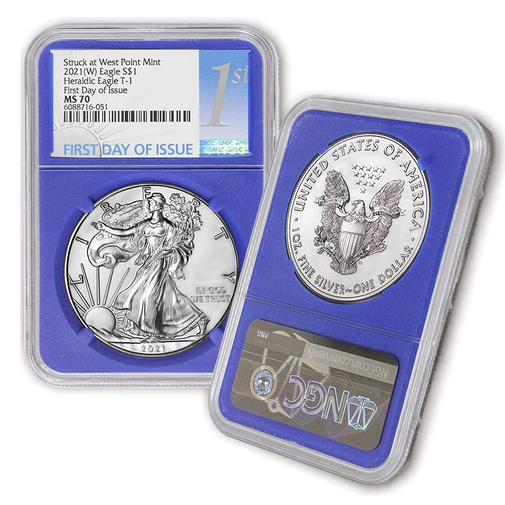 2021 (W) 1 oz American Silver Eagle Coin MS70 (Heraldic Eagle T-1 - First Day of Issue - Struck at West Point Mint - Blue Core Label) by CoinFolio $1 MS-70 NGC
