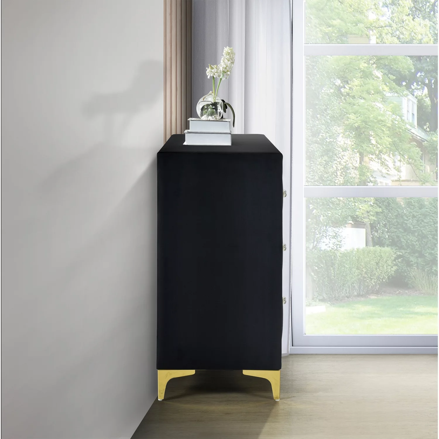 Better Home Products Velvet 6 Drawer Dresser with Gold Legs and Trim