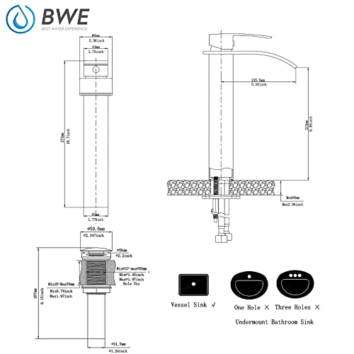 BWE Vessel Sink Faucet Modern Waterfall Chrome Single Hole Bathroom Faucet Single Handle with Pop up Drain Without Overflow Assembly Vanity Basin Bath Sink Faucets Mixer Tap