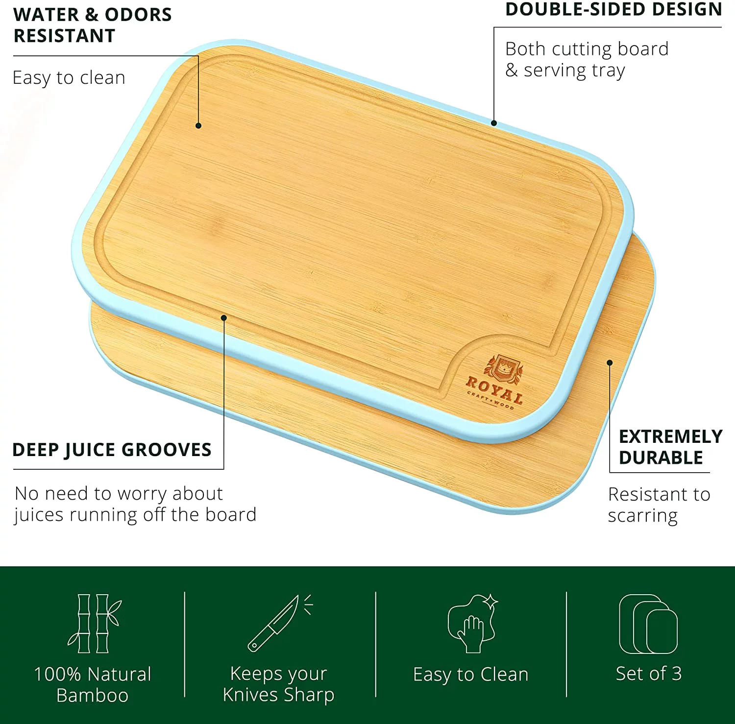 Bamboo Cutting Board with Juice Groove (3-Piece Set) - Best Kitchen Chopping Board for Meat (Butcher Block) Cheese and Vegetables (Blue)