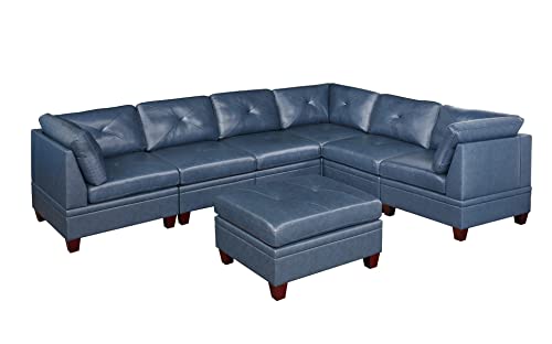 Contemporary Ink Blue Genuine Leather Sectional Sofa Set, 6-Piece, Tufted Back, Plush Couch, Wood Legs, 132 x 102 x 35 Inches NOT INCLUDE ottoman