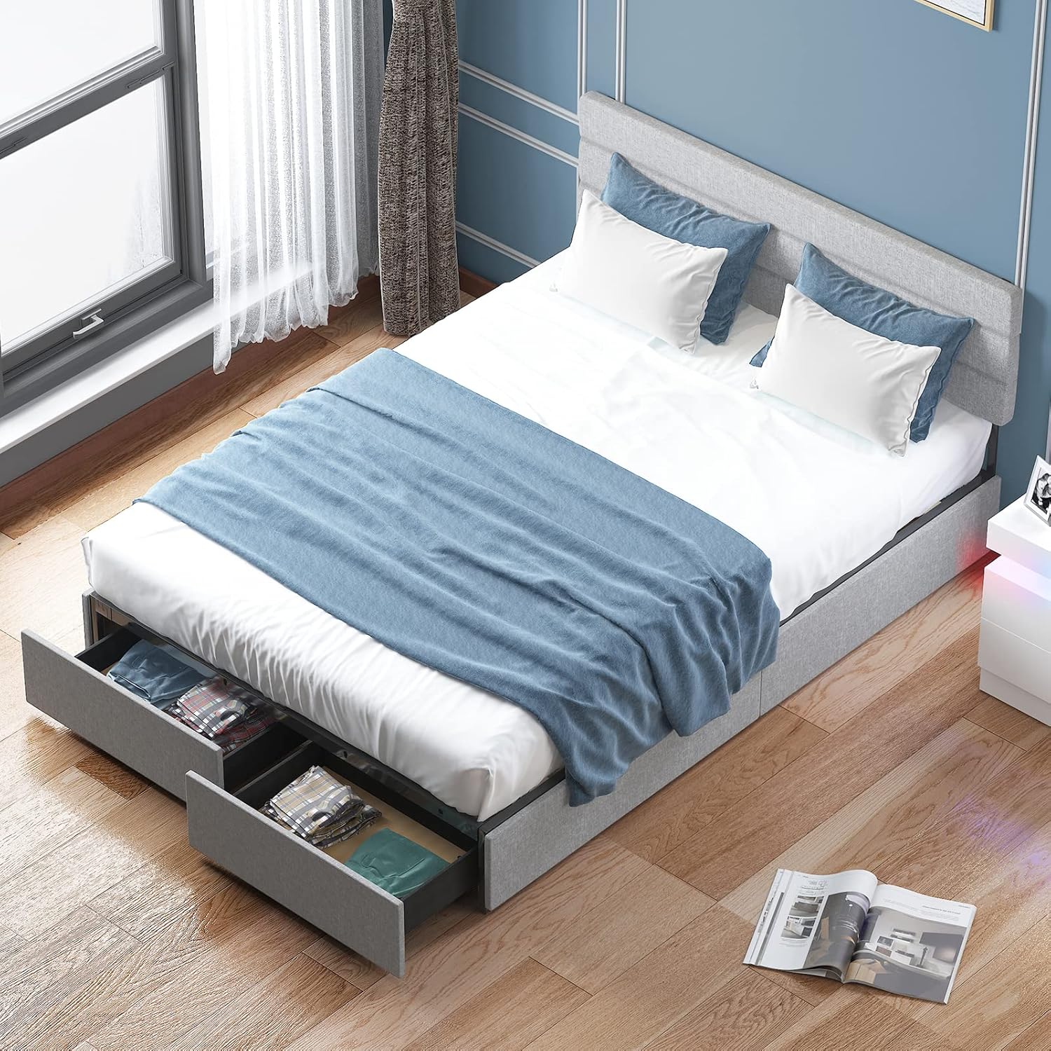 King Bed Frame with 2 Storage Drawers,Platform King Size Bed Frame with Linen Adjustable Headboard,Wooden Slats Mattress Foundation,No Box Spring Needed,Easy Assembly,Light Grey