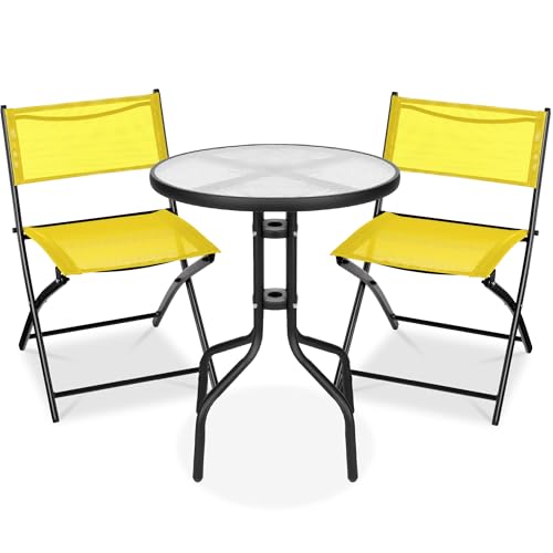 Best Choice Products 3-Piece Patio Bistro Dining Furniture Set w/Glass Tabletop, 2 Folding Chairs, Steel Frame, Polyester Fabric - Gray