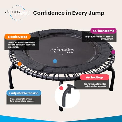JumpSport Indoor Heavy Duty Lightweight 44 Inch Folding Fitness Trampoline with Arched Legs and 7 Adjustable Tension