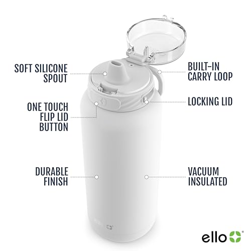 Ello Cooper 32oz Stainless Steel Water Bottle with Straw and Carry Handle, Double Walled and Vacuum Insulated Metal, Leak Proof Locking Lid with Soft Silicone Spout, Reusable, BPA Free, Yucca