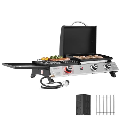 3-Burner Portable Propane Gas Griddle with Side Burner, 3-in-1 Grill and Griddle Combo with Lid, Outdoor Cooking, 29,000 BTU, Silver, PD1305H-SC