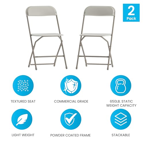 EMMA + OLIVER Set of 2 Plastic Folding Chairs - 650 LB Weight Capacity Lightweight Stackable Folding Chair in White