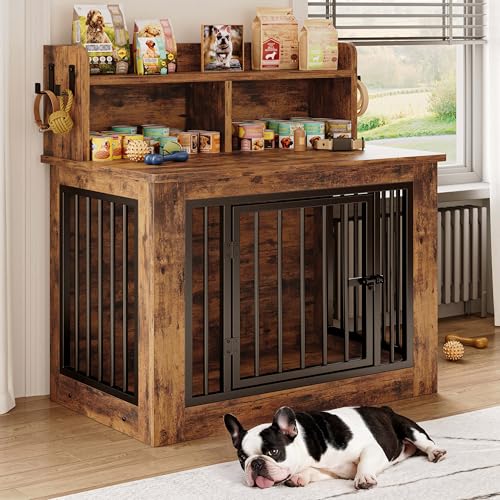 IRONCK Extra Large Dog Crate Furniture, 43.3 inches Wooden Dog Crate with Storage and 4 Hooks, Heavy Duty Pet Crate for Large Dog, Decorative Pet Cage for Indoor (30