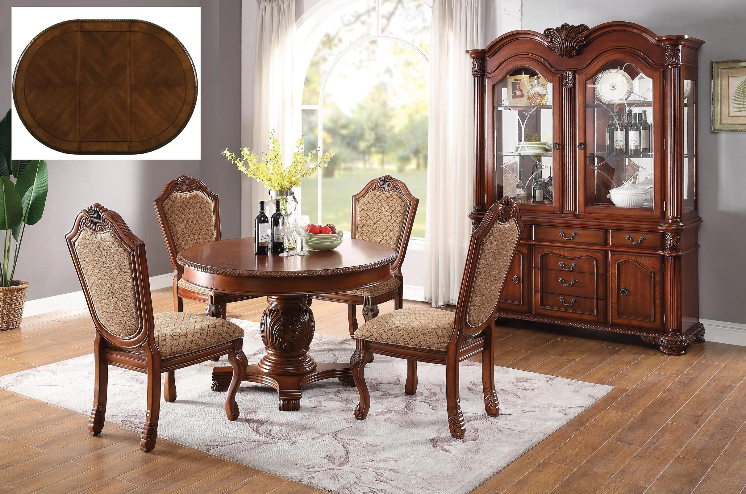 Cherry Round Dining Table Set 5 Chateau De Ville 64170 Acme Traditional Classic