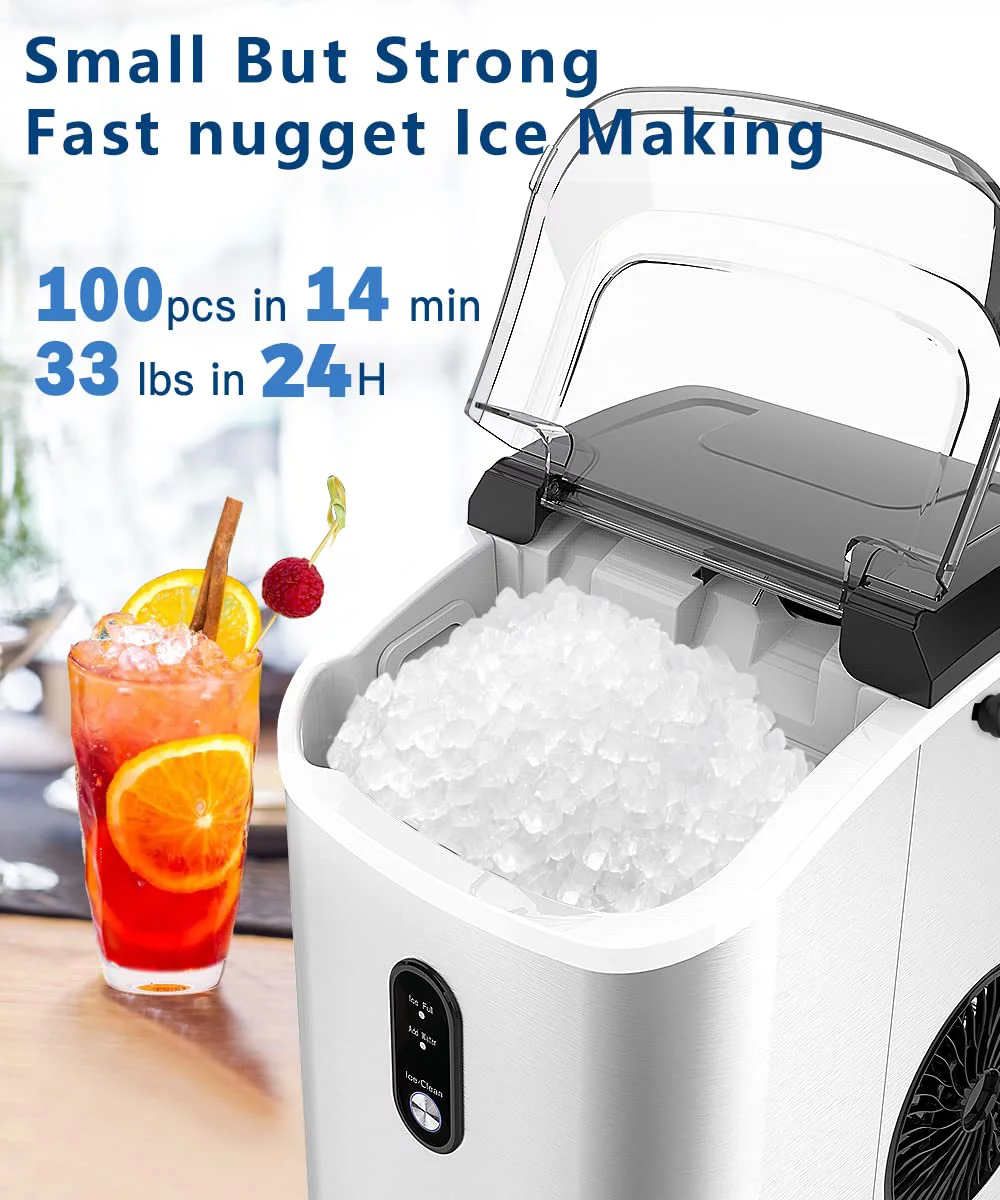 Nugget Ice Maker Countertop,33lbs/Day, Pellet ice Maker,a Basket in 1.5 Hour, Self-Cleaning, One-Click Design, Compact Crushed Ice Maker with Chewy Ice for Home Bar Party，Silver