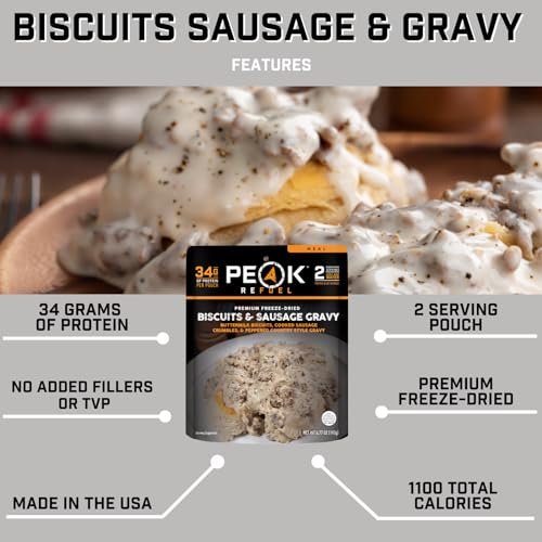 Peak Refuel Biscuits and Gravy | Premium Freeze Dried Camping Food | Backpacking & Hiking MRE Meals | Just Add Water | 100% Real Meat | 34g of Protein | 2 Serving Pouch (2 Serving Pouch)