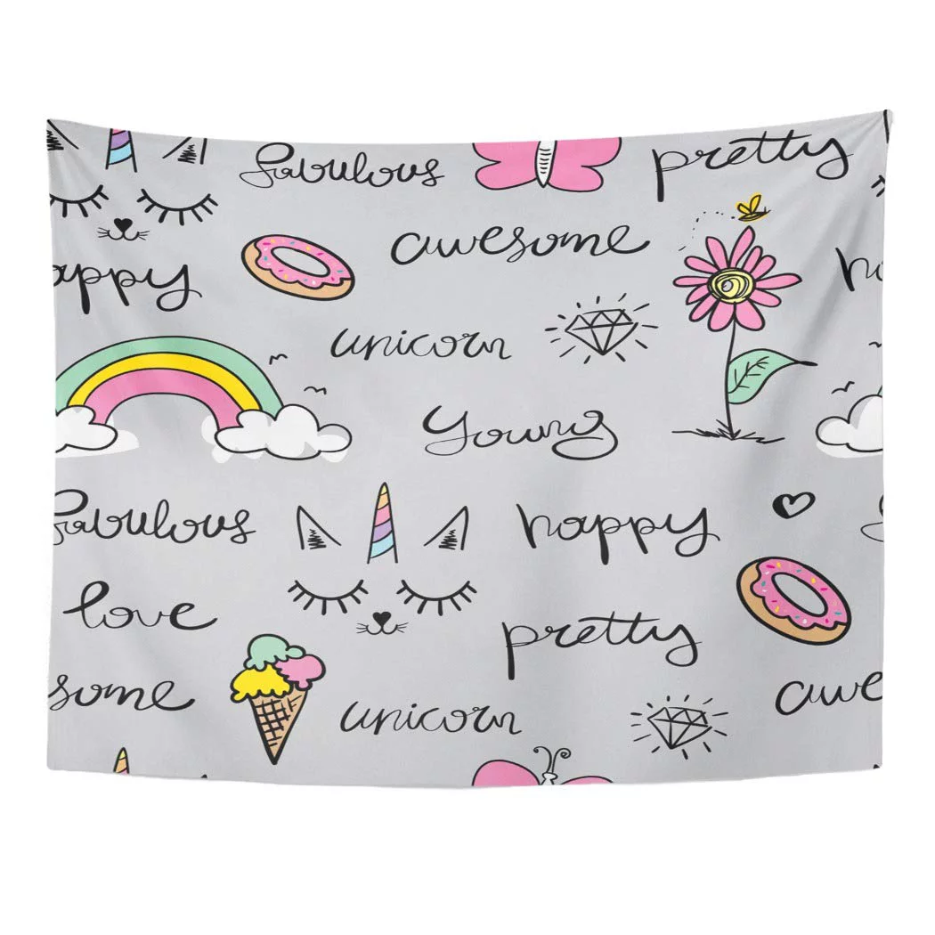 UFAEZU Words Like Awesome Fabulous Happy Pretty and Drawings Flower Unicorn Donut Butterfly Pattern Wall Art Hanging Tapestry Home Decor for Living Room Bedroom Dorm 60x80 inch