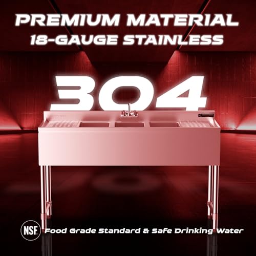 DuraSteel 3 Compartment Under Bar Sink - CEC & NSF 304 Stainless Steel 3 Bay Utility Sink with No Lead Faucet - 60