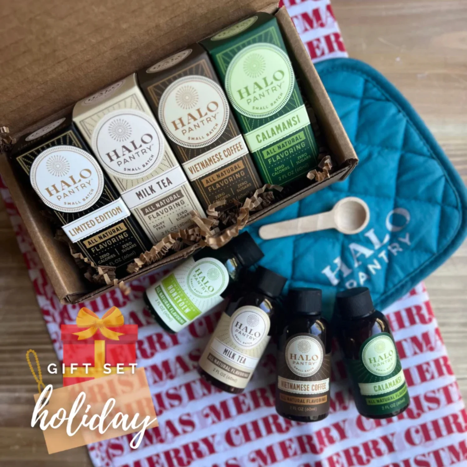 4pk Baker’s Gift Set (Vietnamese Coffee, Calamansi, Milk Tea, Honeydew Melon, Wooden Teaspoon, Pot Holder) | 4 Total - 2oz bottles