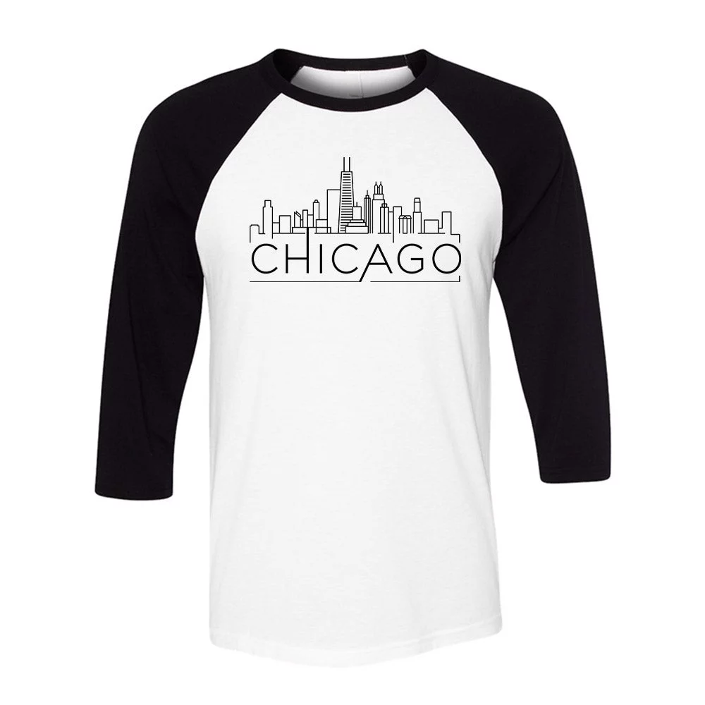 Skyline Chicago Illinois Three-Quarter Raglan Sleeve Baseball Shirt Unisex Small White/Black