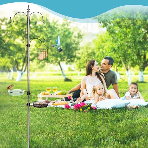 6-Hook Bird Feeding Station Kit, Wild Bird Feeder Stand Pole, Multi-Feeder Kit Stand with 4 Feeders, Bird Bath and Mesh Tray, 94 Inch
