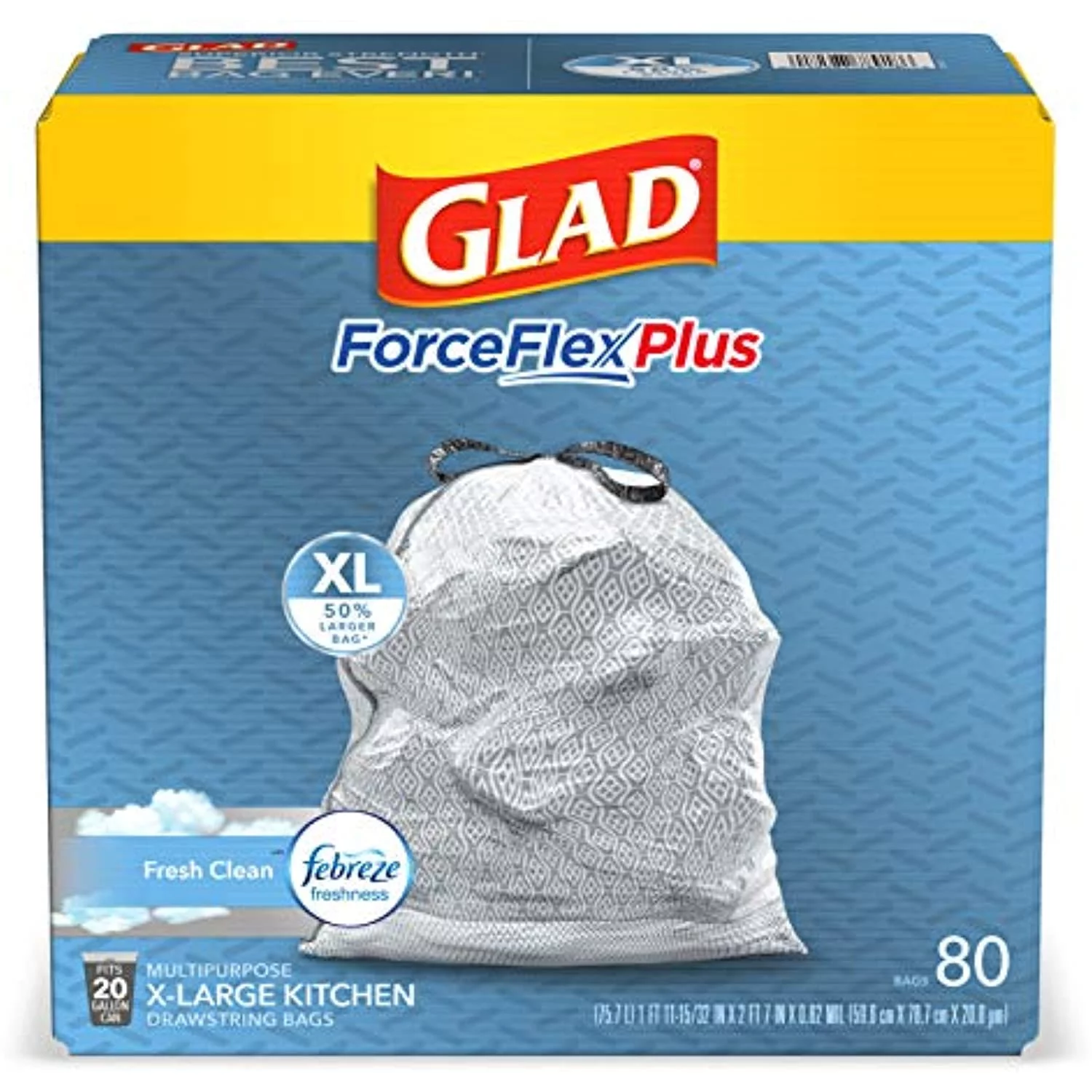 Glad Forceflexplus Xl X-Large Kitchen Drawstring Trash Bags - 20 Gallon Grey Trash Bag, Fresh Clean With Febreze Freshness 80 Count (Package May Vary)