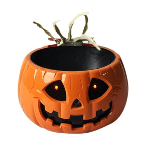 Halloween Candy Bowl, Halloween Animated Skull Bowl with Moving Skeleton Hand, Lighted Red Eyes