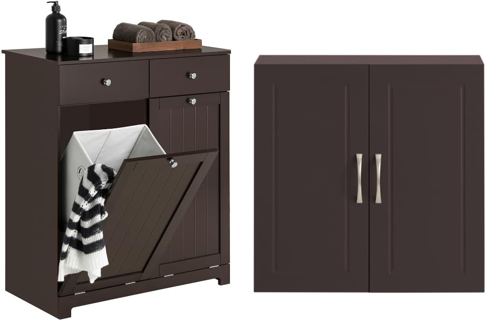 Haotian Laundry Hamper Cabinet with 2 Drawers and Wall Cabinet, BZR33-BR+FRG231-BR
