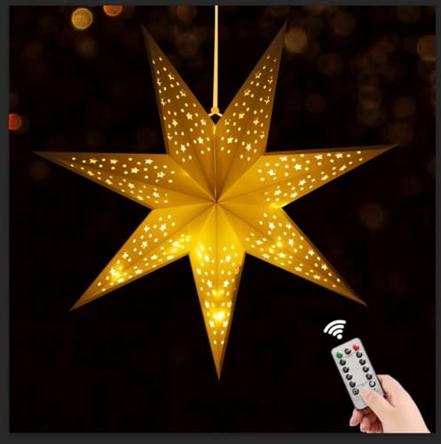 24 Inch Paper Star Lantern with 8 Mode 60 LEDs Firework Fairy Lights, 7 Point Foldable, Hollow Out Star Hanging Decoration for Indoor Outdoor Room Wedding Christmas - 1 Pack