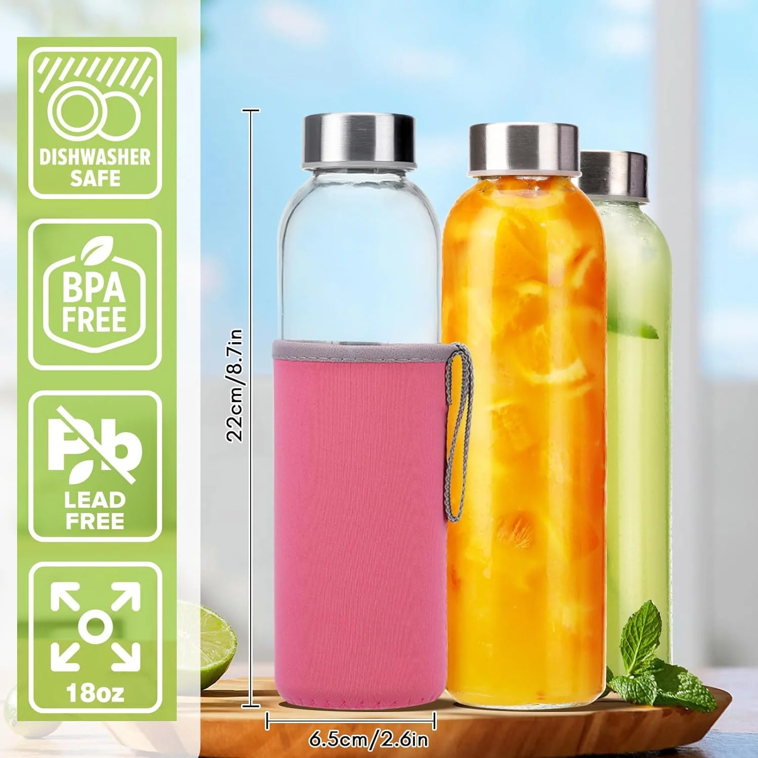 Fairy 12Pcs Glass Water Bottles with Sleeves and Stainless Steel Lids, Reusable Glass Juice Bottles Bulk, 18oz, Clear