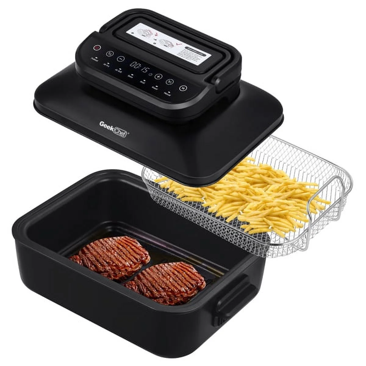 7-in-1 Indoor Grill with Air Fry, Roast and Bake, Portable 2 in 1 Indoor Tabletop Grill & Griddle, Electrin Indoor Grill with Non-Stick Plate, Air Fryer Basket