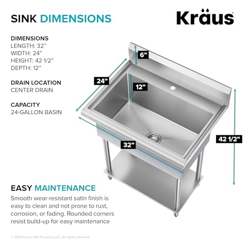 KRAUS Standart Pro 32 Inch 18-Gauge Stainless Steel Scullery Sink, 24 Gallon Freestanding Commercial Style Single Bowl Laundry & Utility Sink, KHS230-32