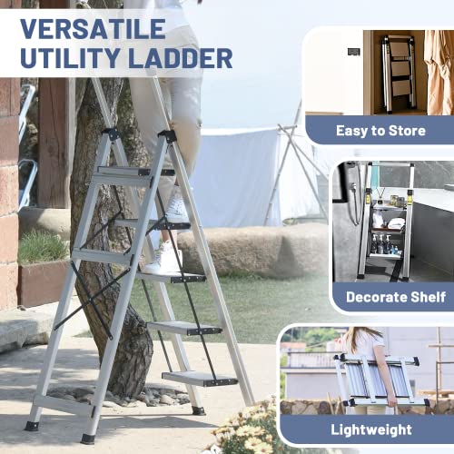 XinSunho 5 Step Ladder, Retractable Handgrip Folding Step Stool with Anti-Slip Wide Pedal, Aluminum Stool Ladders 5 Steps, 330lbs Safety Household Ladder