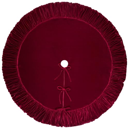 60-Inch Ruffled Velvet Christmas Tree Skirt with Foam Padding, Nylon Backing and Lace-Up Tie Closure, Burgundy