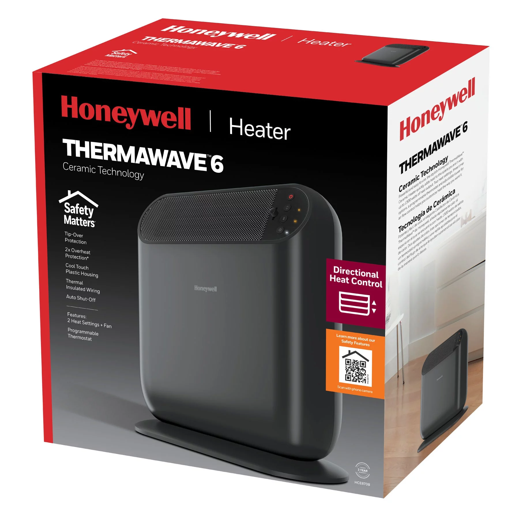 Honeywell Therma Wave 6 Ceramic Personal Heater, New, Black HCE870B