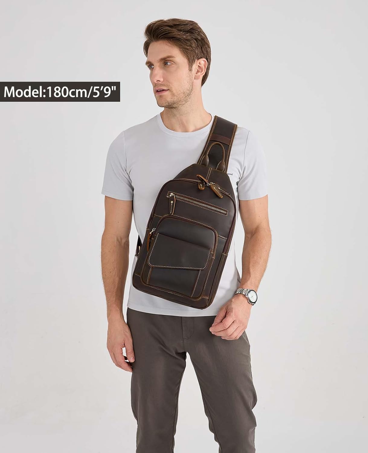 Mens Vintage Full Grain Leather Crossbody Shoulder Sling Bag, Multi-pocket Chest Bag Hiking Travel Daypack fits 12.9