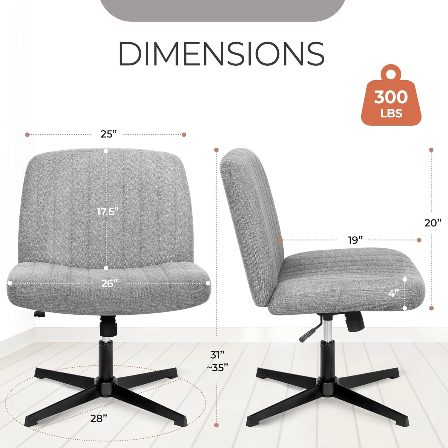 Cross Legged Office Desk Chair No Wheels Fabric Padded Modern Swivel Height Adjustable Wide Seat Computer Task Vanity Chair for Home Office Mid Back Accent Chair (Grey)