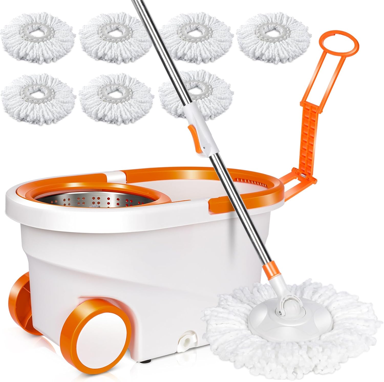 MASTERTOP Spin Mop & Bucket with Wringer Set, Floor Cleaning, Household Cleaning Supplies, Stainless Steel Spinning Mop Bucket, 7 Microfiber Mop Refills, 57