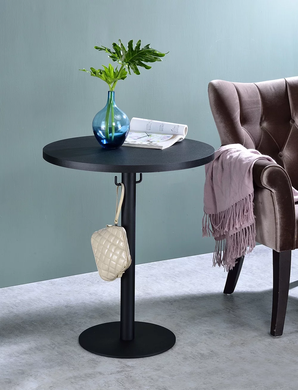 Proman Products Cava Round Solid Wood Coffee Table with Metal Base and Hooks for Bags Purses, Black