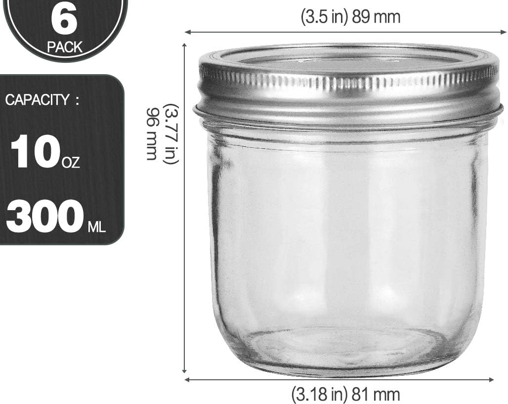 KAMOTA Wide Mouth Mason Jars 10 oz, 10oz Mason Jars Canning Jars Jelly Jars With Wide Mouth Lids and Bands, Ideal for Jam, Honey, Wedding Favors, Shower Favors, Baby Foods, 6 PACK