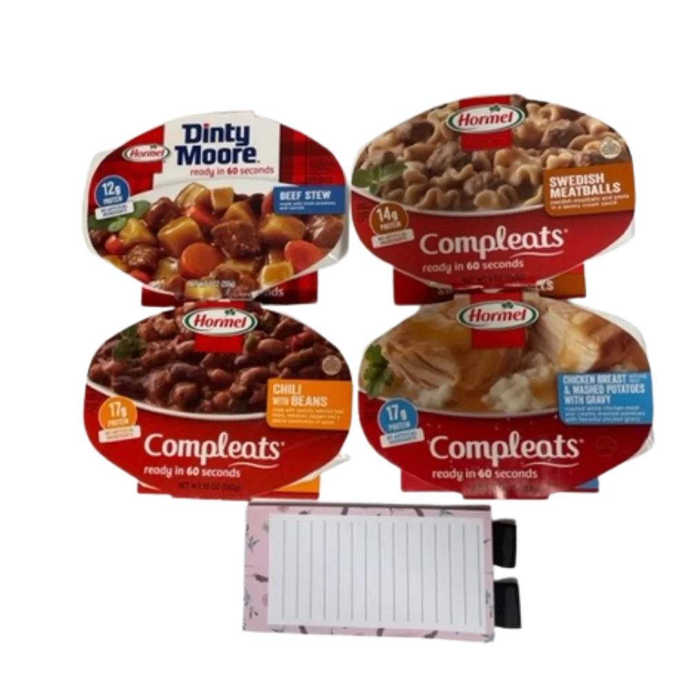 Hormel Compleats Dinner Variety Pack of 4, 1-Dinty Moore Beef Stew, 1-Chillie Beans, 1- Swedish Meatball, 1- Chicken Breast with Magnetic NotePad