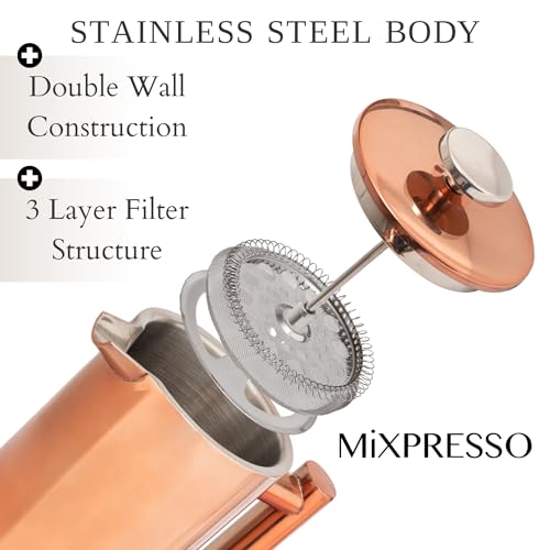 Mixpresso Stainless Steel French Press Coffee Maker 27 Oz 800 ml, Double Wall Insulated French Press Stainless Steel, Easy Clean Tea Brewer, Easy Press Durable Metal Coffee Press