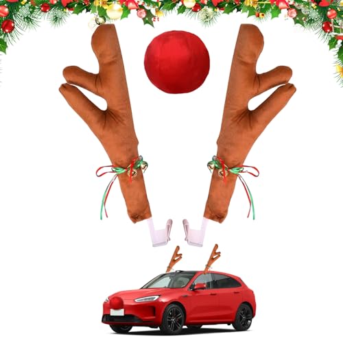 Car Reindeer Antler Kit Nose, Christmas Car Reindeer Antlers, Christmas Roofs Tops Decorations for SUV Van Truck- Add Holiday Spirit